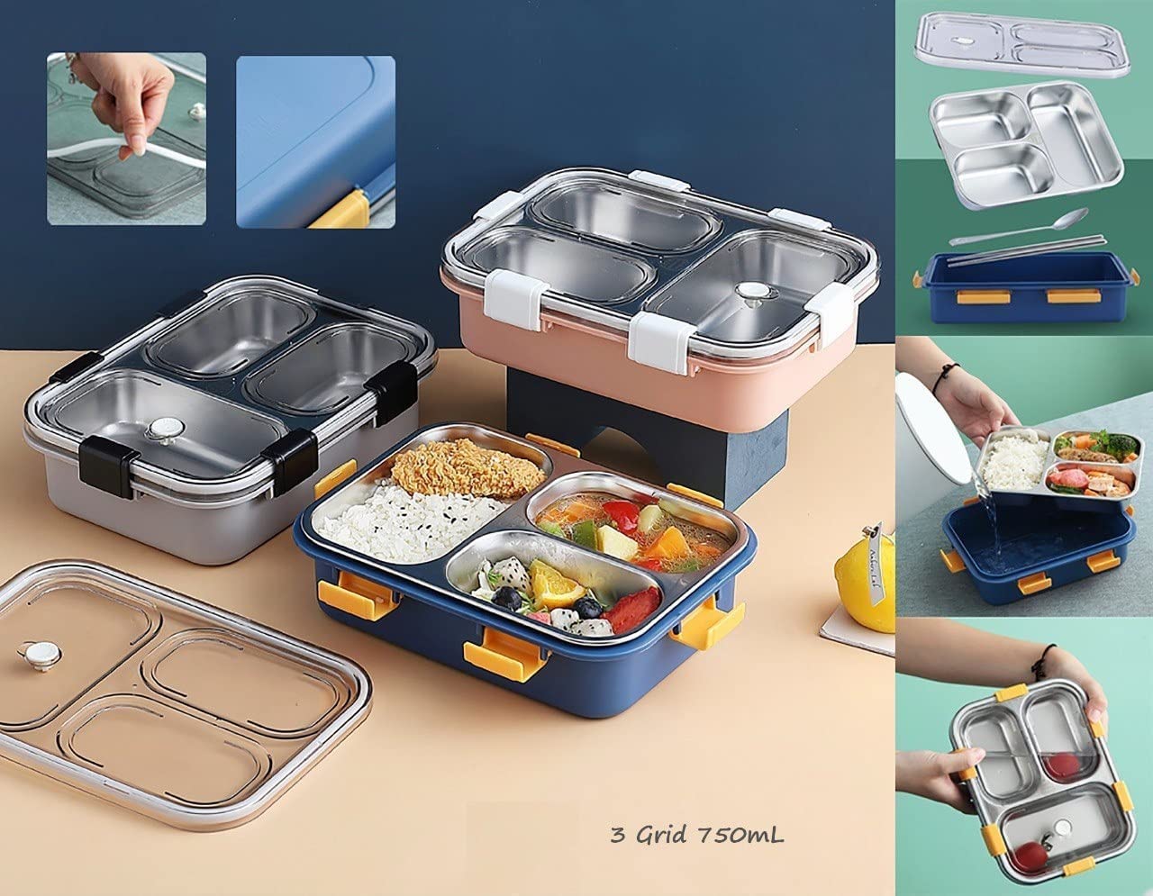 Lunch Boxes for Adults - Lunch Box for Kids with Spoon & Fork - Durable Perfect Size for On-The-Go Meal, BPA-Free (Multi Color) (3 Section) Lunch Boxes for Adults - Lunch Box for Kids with Spoon & Fork - Durable Perfect Size for On-The-Go Meal, BPA-Free (Multi Color) (3 Section)